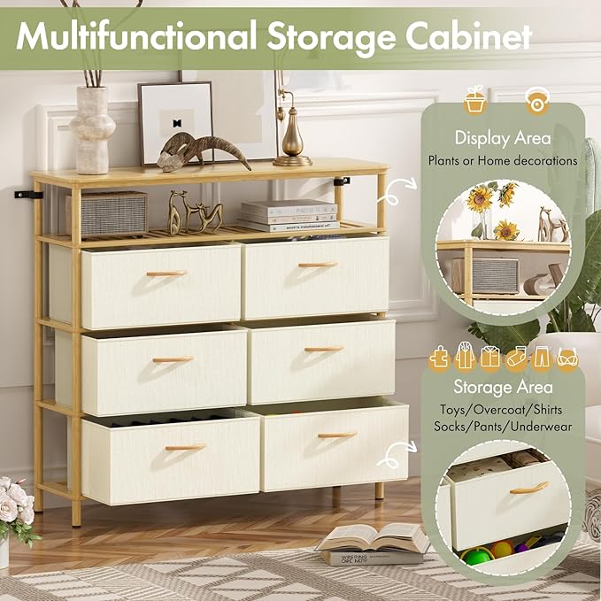 Solid Wood Dresser, Dresser with 6 Drawers, Solid Bamboo Frame Paired with Fabric Storage Boxes, Large Capacity, Stable and Durable, Versatile Style, for Bedrooms, Living Rooms, and Hallways