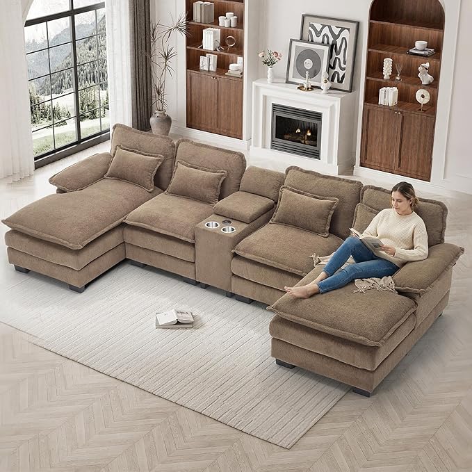 133" Oversized U Shaped Cloud Couch Modular Sectional Couches for Living Room Comfy Chenille Deep Seat Sofa Set with Double Chaise Lounge, Storage Central Console, Cup Holders, USB Port, Brown