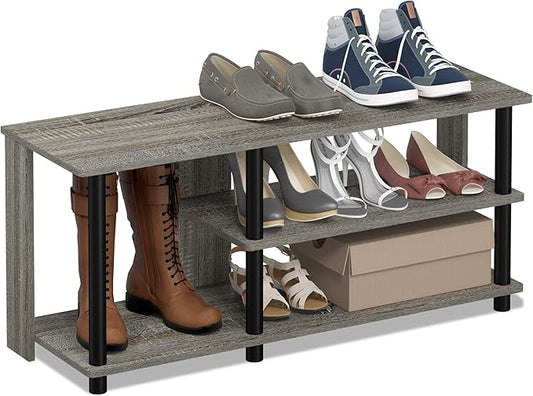 Furinno Turn-N-Tube Compact Multi Storage Shoe Rack, 35.2"W 3-Tier, French Oak Grey/Black