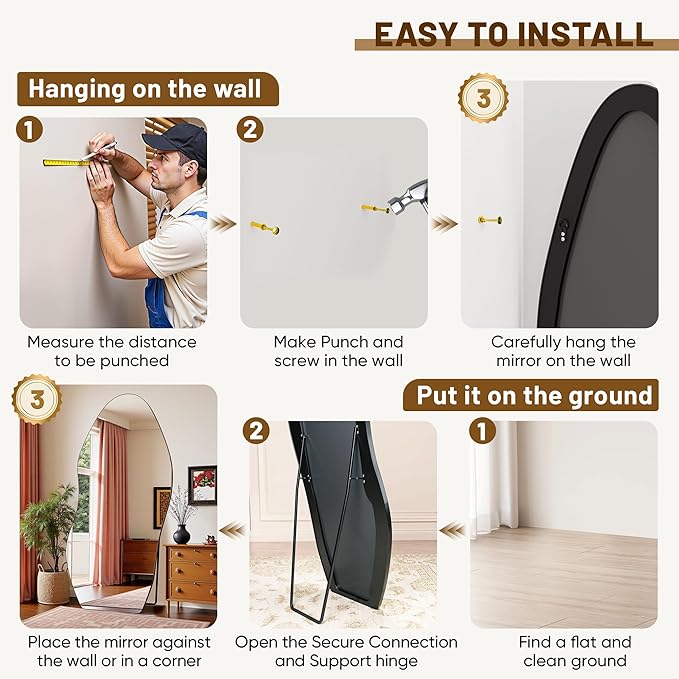 Antok Full Length Mirror, 81"x41" Floor Mirror with Stand, Standing Hanging Leaning Irregular Mirrors for Bedroom Living Room Entryway, Wavy Shaped, Black
