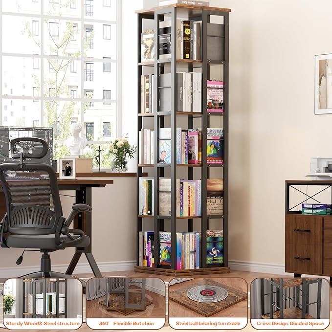 Aheaplus Rotating Bookshelf, Corner Bookcase, 360 Display Wood Spinning Bookshelves, Floor Standing Bookcase Narrow Shelf,5 Tiers, Rustic Brown