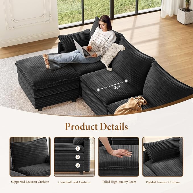 Vesgantti 142" U Shaped Sectional Cloud Couch, Large Cloud Modular Sectional Sofa with 2 Ottoman Deep Seat Corduroy Modern Modular Sofa Set for Living Room, Bedroom, Basement and Apartment, Gray | Sink-in Comfort, Height Adjustable, Easy Rearrangement,...
