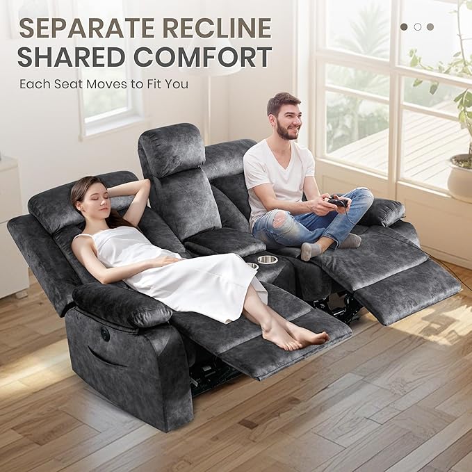 Power Reclining Loveseat with Heat & Massage, Dual Recliner Sofa with Console, Cup Holders, USB & Type-C Ports, 2 Seater Electric Reclining Couch for Living Room, RV (Grey, 2 Seat)
