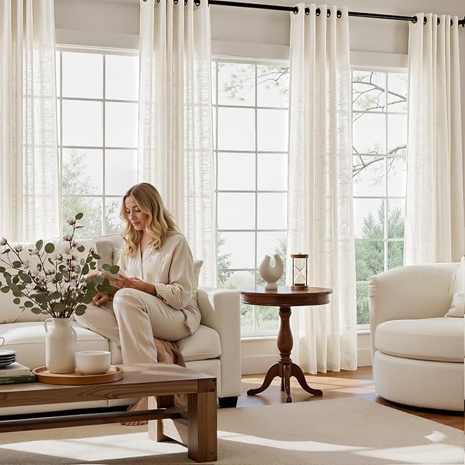 NICETOWN Semi Sheer Linen Burlap Curtains 84 inches Long 2 Panels Set for Bedroom, Bronze Grommet Light Filtering Window Treatments Casual & Relax Home Decor for Living Room, W52 x L84, 2 Panels
