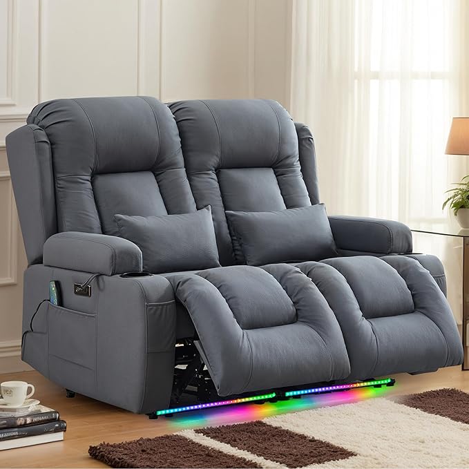 TUNYI Wall Hugger Loveseat Recliner Sofa with Console, Power Reclining Loveseat RV Couch with Massage & Heat/USB/Outlet/Storage/LED Light/Speaker (Blue, Loveseat)