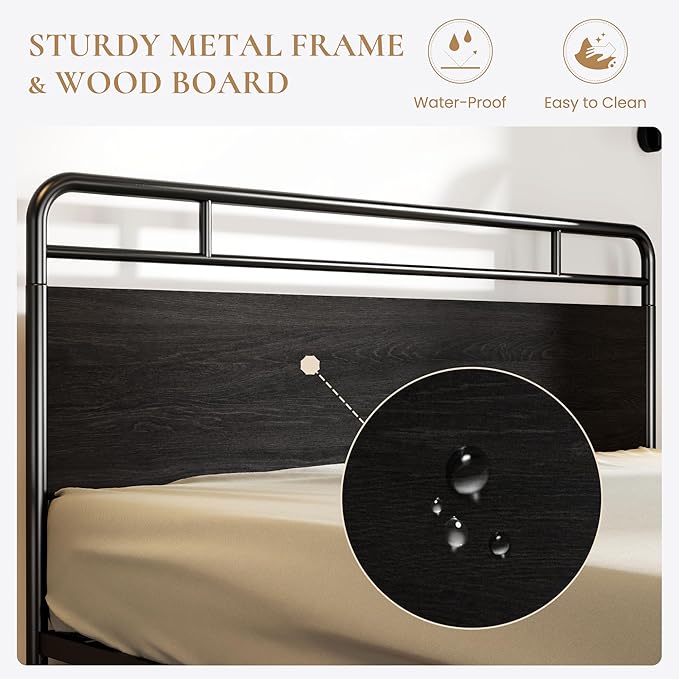 SHA CERLIN King Size Bed Frame with Vintage Industrial Wood Headboard, Heavy Duty Metal Platform with 12" Under-Bed Storage, Mattress Foundation, No Box Spring Needed, Noise-Free, Easy Assembly, Black