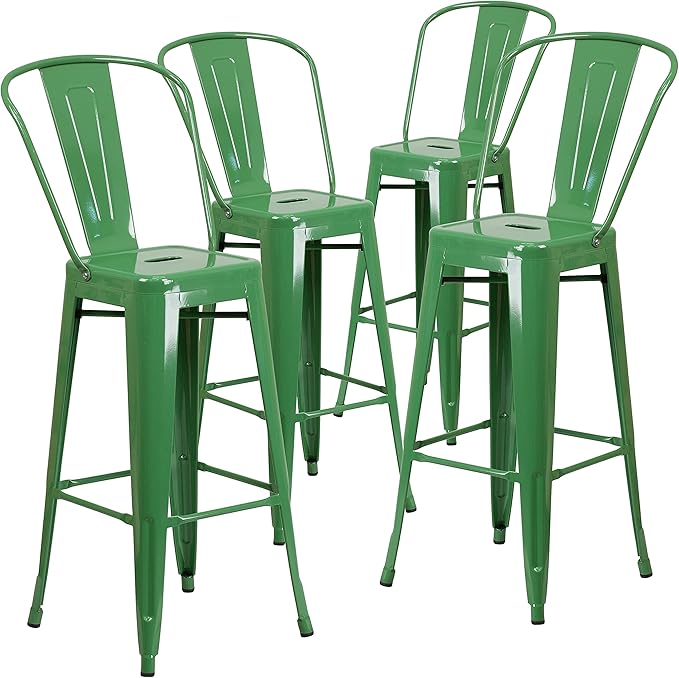 Flash Furniture Lily Commercial Grade 4 Pack 30" High Green Metal Indoor-Outdoor Barstool with Removable Back