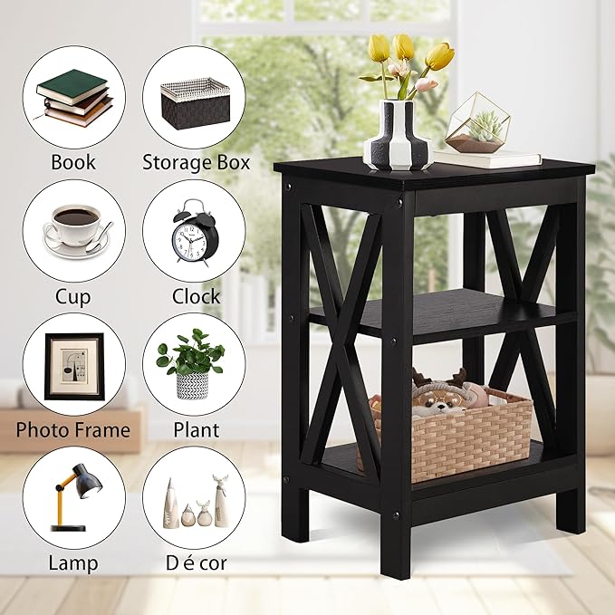 VECELO End Side Table Night Stand Set Of 2,X-Design with Storage Shelf for Bedroom,Living Room,Black