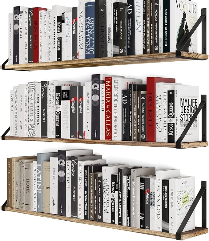 Wallniture Bora 36 Inch Large Floating Shelves for Wall Storage, Floating Bookshelf Set of 3, Burned Wood Wall Shelves for Books
