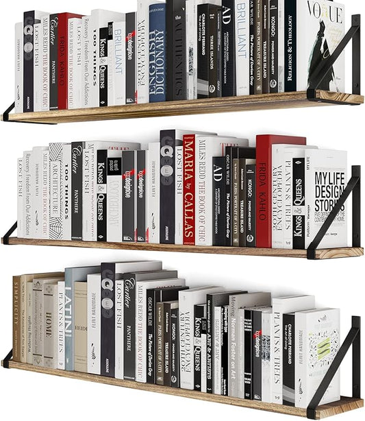 Wallniture Bora 36 Inch Large Floating Shelves for Wall Storage, Floating Bookshelf Set of 3, Burned Wood Wall Shelves for Books