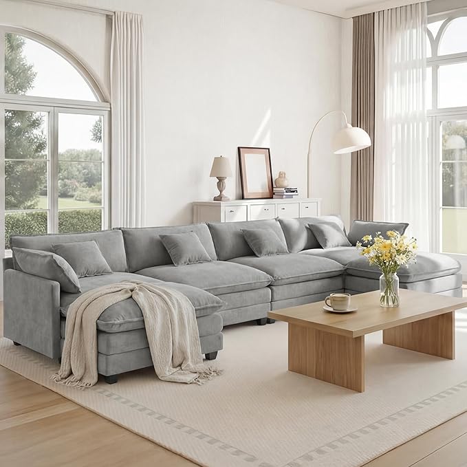 KISLOT 157" Oversized Modular Sectional Sofa,U-Shaped Cloud Couch with Movable Ottoman,Thick Cushions,6 Deep Seats with 6 Throw Pillows Sofa Couch Set for Living Room, Bedroom | Wood Frame