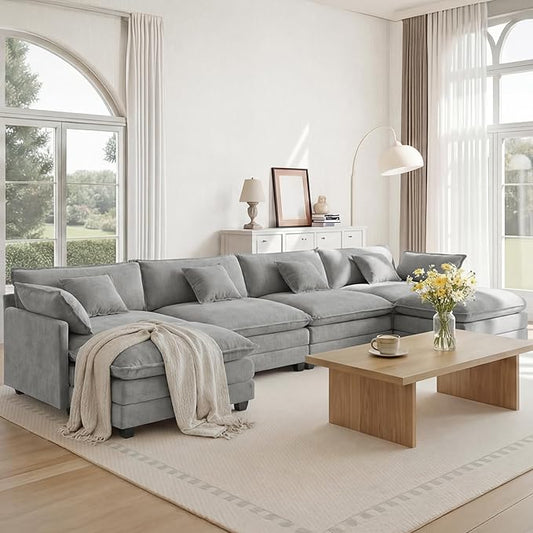 KISLOT 157" Oversized Modular Sectional Sofa,U-Shaped Cloud Couch with Movable Ottoman,Thick Cushions,6 Deep Seats with 6 Throw Pillows Sofa Couch Set for Living Room, Bedroom | Wood Frame