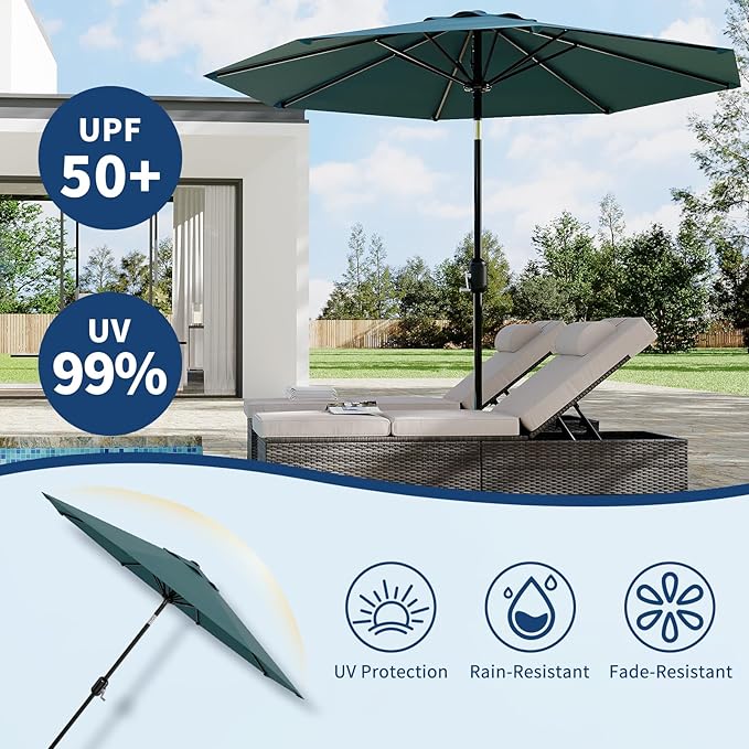 Garvee 10FT Patio Umbrella - Outdoor Table Umbrella with Crank Lift & Push Button Tilt - Market Umbrella 8 Sturdy Ribs UV Protection for Pool, Deck, Yard, Garden - Turquoise