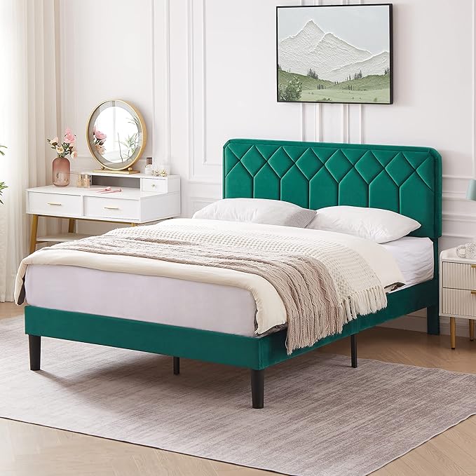 VECELO Full Size Bed Frame Premium Velvet Upholstered Platform with Height Adjustable Headboard/Mattress Foundation, Solid Wooden Slat Support, No Box Spring Needed/Easy Assembly