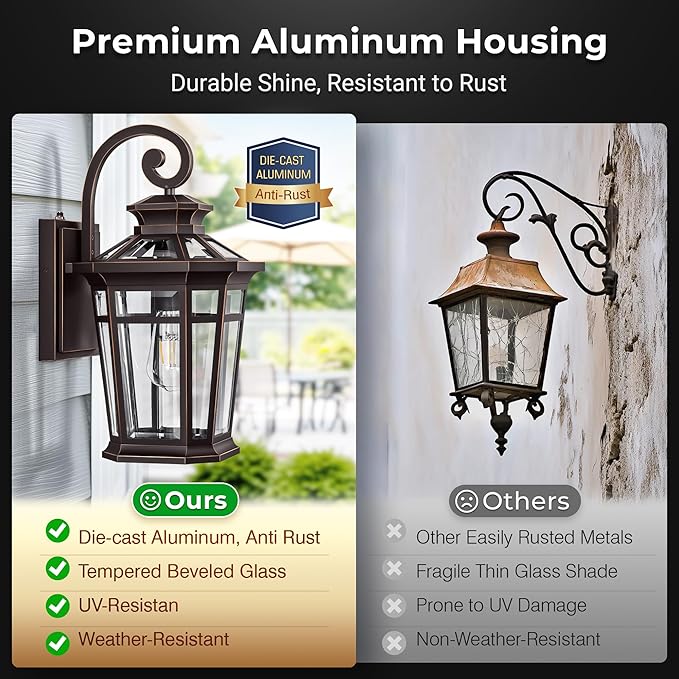 Large 9'' Outdoor Wall Lights Wall Mount, Dusk to Dawn Front Porch Lights, Oil Rubbed Bronze Outdoor Wall Lantern, Exterior Lighting Fixtures for Garage, Waterproof Patio Sconce Lights