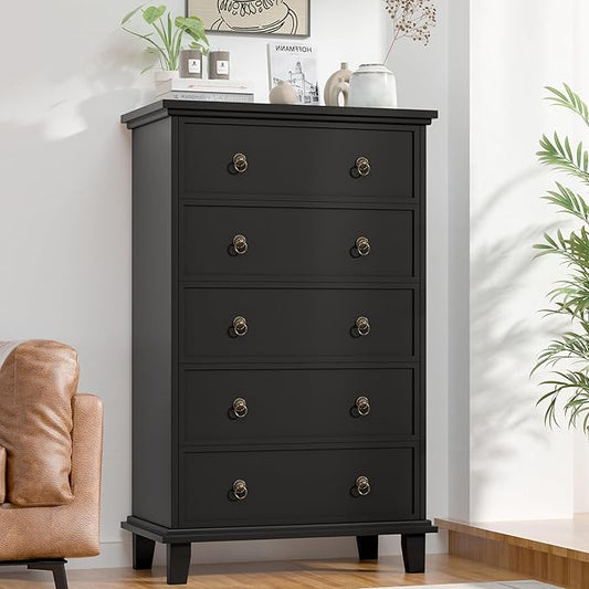Black Dresser for Bedroom,Tall Dresser with Silent Drawer Slide,Wooden Chest of Drawers 5 Drawers,Storage Tower for Bedroom,Hallway, Entryway