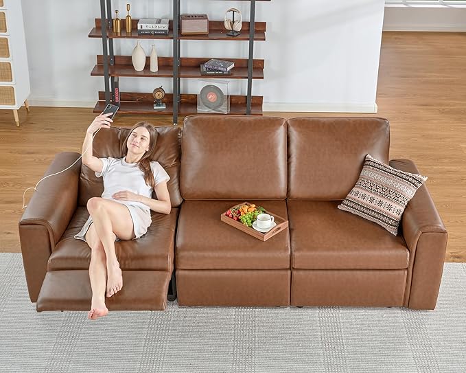 AMERLIFE Dual Power Recliner, Reclining Sectional Couch with Console, Loveseat Anti-Scratch Leathaire Modular Couch with Cup Holder& USB Port, Brown