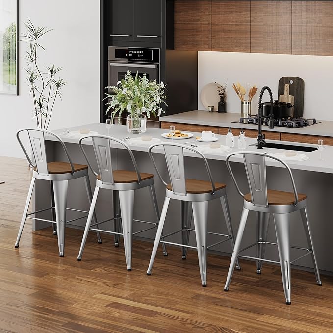 Andeworld Metal Bar Stools Set of 4, 26 inch Counter Height Barstools with Backs Farmhouse Modern High Back Bar Stools with Larger Seat Kitchen Dining Bar Chairs,Silver