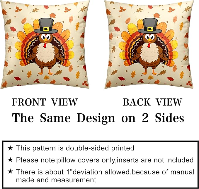 Thanksgiving Pillow Covers 16x16 Set of 2 Turkey with Maple Leaves Throw Pillow Covers Square Cotton Blend Pillow Case Thanksgiving Decorations for Living Room Couch
