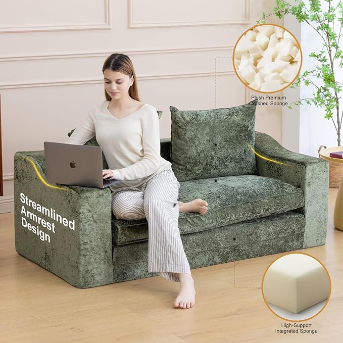 61" Convertible Sofa Bed Loveseat, Memory Foam Boneless Floor Couch with Removable Plush Velvet Cover, Tri-folding Compact Full-size Sleeper for Small Living Room, Playroom, Guest Room, RV (Emerald) | Convertible Sofa Bed, Premium Memory Foam, Ergonomi...