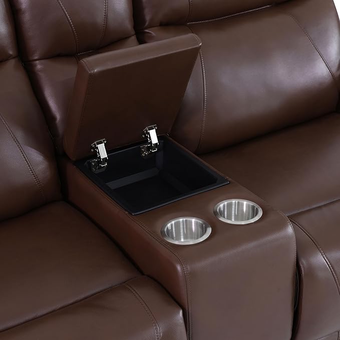 2 Piece Power Recliner Sofa for Living Room, Breathing Leather Reclining Couch and Loveseat Set with LED Lighting, Cup Holders, Storage Console&USB Port for Home Theater Seating (Brown)