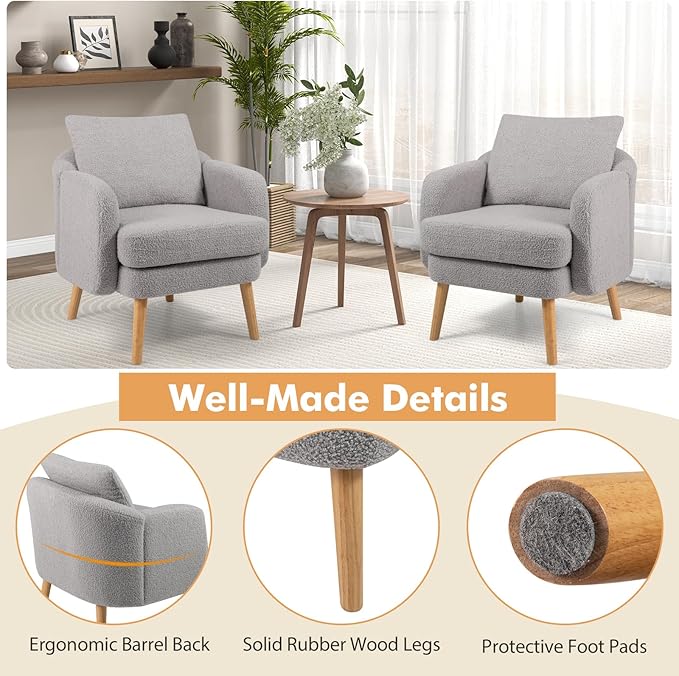 Giantex Sherpa Accent Chair, Modern Upholstered Single Sofa Chair with Back Pillow & Solid Rubber Wood Legs, Teddy Barrel Arm Chair for Reading, Living Room, Bedroom, Office, Grey