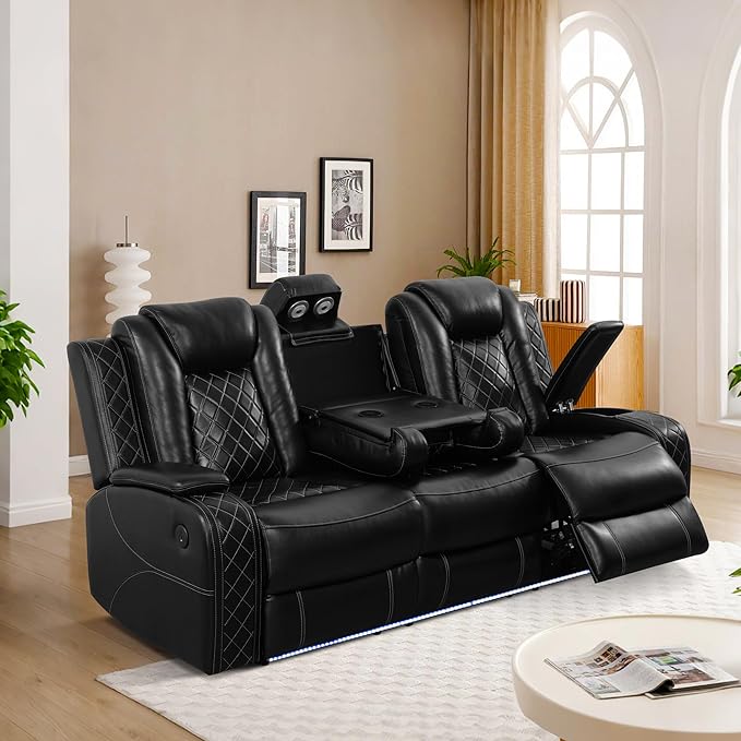 Breathing Leather Power Reclining Sofa, Living Room Furniture with 2 Recliners, 3 Seater Leather Couch with Flip-Down Table/USB Charging for Office/Home Theater (Black, 3-Seat Sofa)