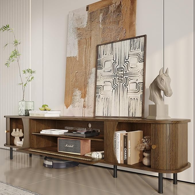basenji 79" Fluted TV Stand with Sliding Doors & Rattan,Mid Century Modern Entertainment Center with Storage,Curved Edge Design,Media Console for TVs up to 85",TV Consoles for Living Room,Walnut