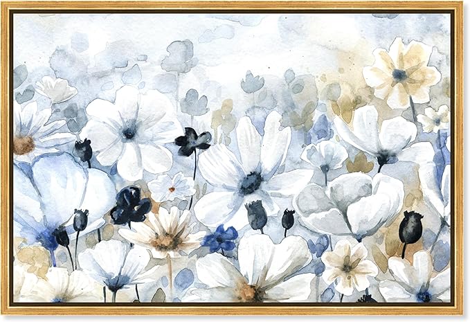 The Oliver Gal Artist Co. Floral and Botanical Wall Art Framed Canvas Prints 'Fields Flowers Home Décor, 15" x 10", Blue, White
