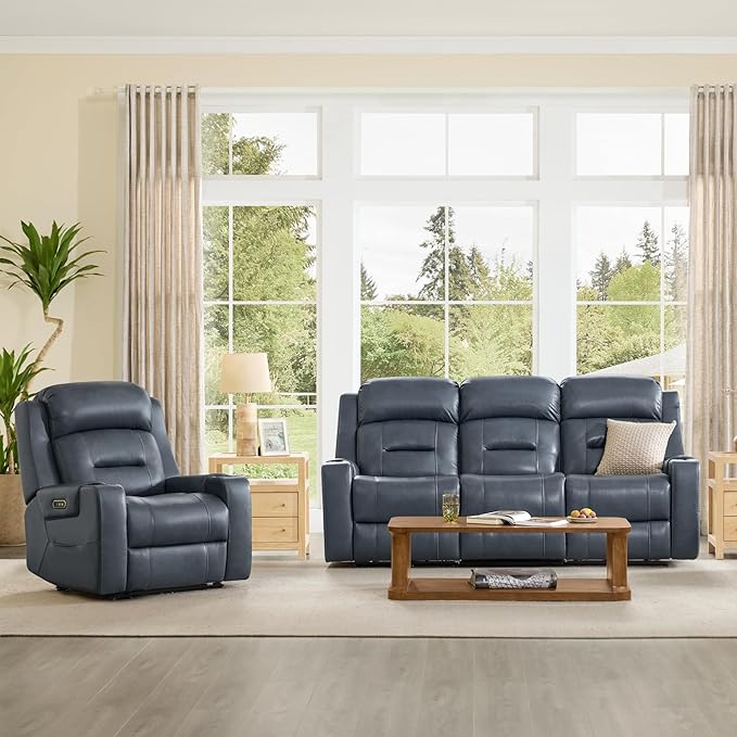 Watson & Whitely Genuine Leather Power Reclining Sofa, 3-Seater Lay Flat Recliner Sofa with Power Headrest, Cup Holders, USB & Type-C Ports, Electric Reclining Couch for Living Room, Navy Blue