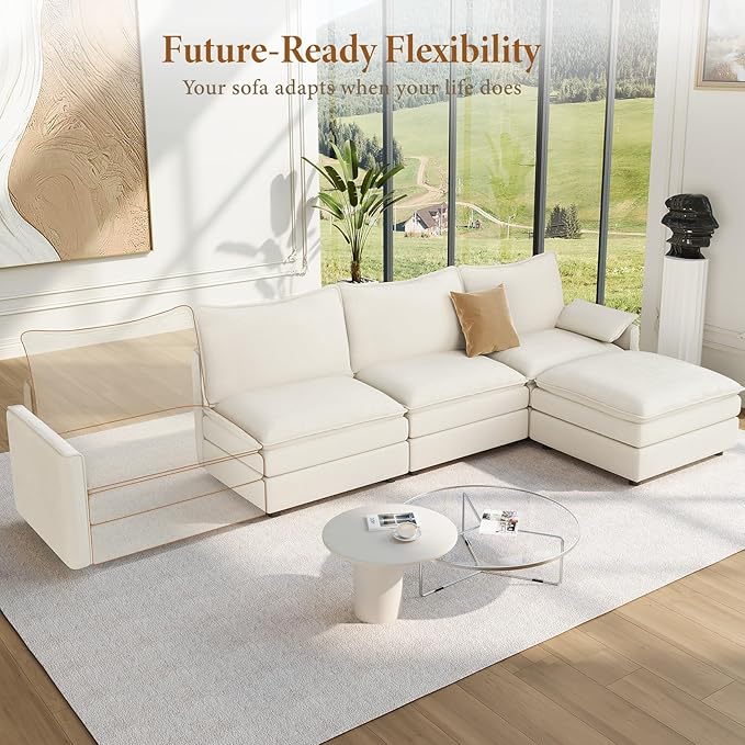 Vesgantti 108" Modular Sectional Sofa, Comfy Cloud Couch with Movable Ottoman Deep Seat Chenille L Shaped Modular Sofa, Sectional Couches for Living Room, Bedroom and Apartment, Snow White | Sink-in Comfort, Height Adjustable, Easy Rearrangement, Extra...