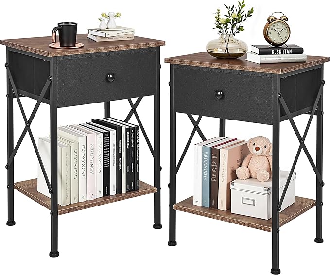 VECELO Nightstand Set of 2, X-Design End Side Table with Fabric Storage Drawer and Open Shelf, Bedside Night Stand with Steel Frame for Bedroom, Living Room,Dorm, Easy Assembly, Walnut Brown