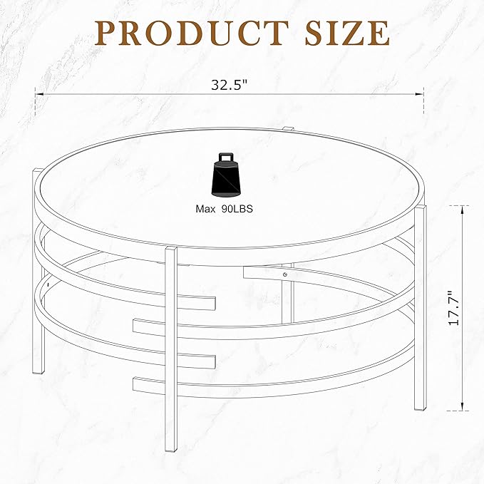 Round Coffee Table Sintered Stone - LifeSky 32 inch Circle Center Coffee Table with Metal Frame - Modern Circular Coffee Tables for Living Room Gold
