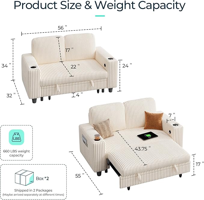 LINSY HOME Sectional Sleeper Sofa Bed, Corduroy Pull Out Couch for Living Room (Beige,Small Couch)|USB Ports, Cup Holder, Side Pocket|2 Seater Convertible Sofa Bed| Apartment Guest Room, Loveseat | Plush Corduroy