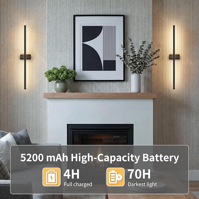 ONEWISH Battery Operated Wall Sconces Set of 2, 27.75" Rechargeable Wall Lights with Remote & Removable Battery, 3-Color Dimmable Wireless Sconces for TV Wall Decor, Picture Light, Bedroom, Black