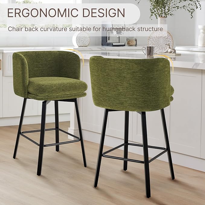 26" H Counter Height Swivel Bar Stools Set of 4, Barrel Counter Stools with Backrest, Linen Fabric Upholstered Barstools with Metal Legs for Kitchen Island,Green