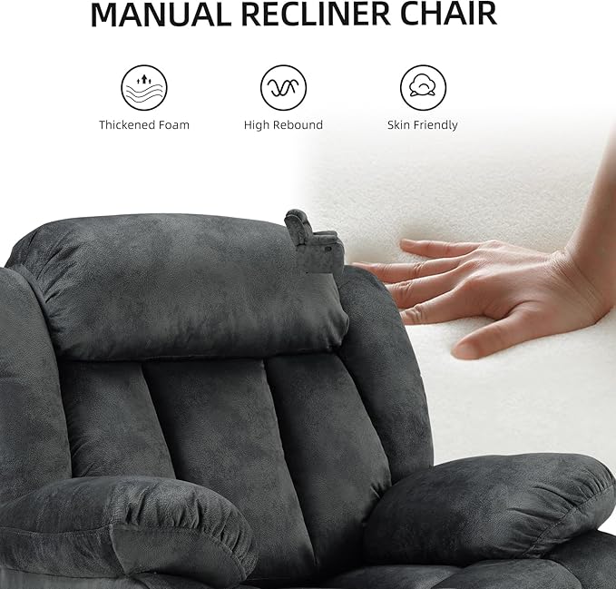 EBELLO Manual Recliner Chair, Classic and Fabric Recliner Sofa with Overstuffed Arms and Back for Living Room, Bedroom, Grey