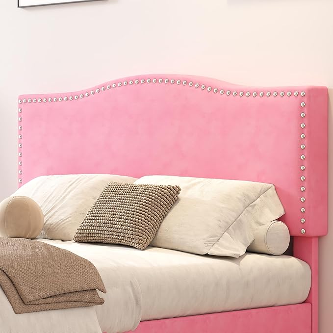 VECELO Full Bed Frame, Platform Bed Frame with Underbed Storage Drawers and Adjustable Height Upholstered Headboard, Heavy-Duty Frame and Strong Wooden Slats Support, Noise-Free, Easy Assembly, Pink