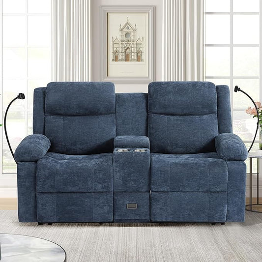 Loveseat Recliner Sofa, Reclining Loveseat with Console, RV Wall Hugger Double Loveseat Recliner Couch for Living Room & Home Theater (Blue)