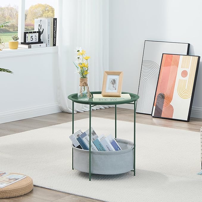 VECELO Round Side/End Table with Fabric Storage Basket，Metal Anti-Rust and Waterproof Small Bedside Nightstand with Removable Tray Top for Living Room，Balcony & Laundry，Dark Green /1pcs with Basket