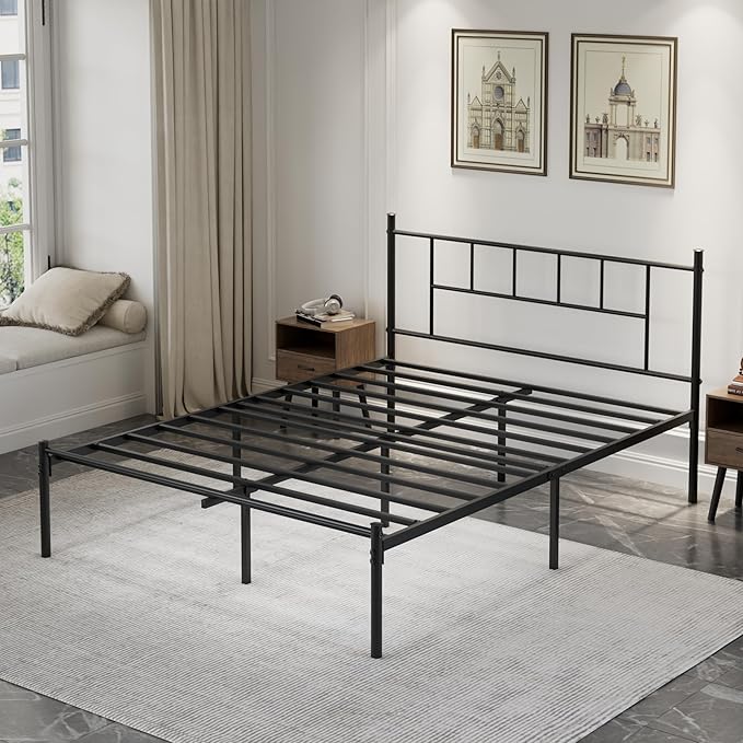 VECELO Queen Metal Platform Bed Frame with Headboard, Heavy Duty Steel Slat Support, Under Bed Storage,No Box Spring Needed, Easy Assembly