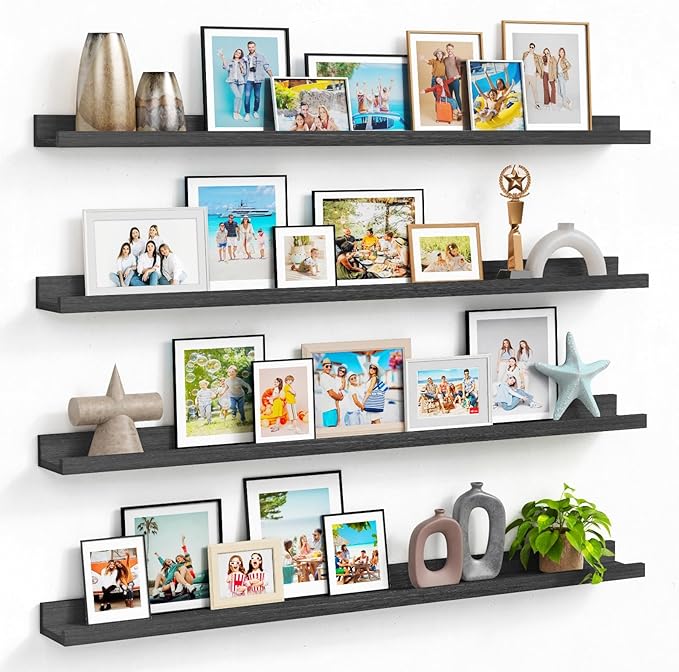 Forbena 48 Inch Black Picture Ledge Shelf Set of 4, Extra Long Floating Shelves for Wall with Lip, Narrow Wall Mounted Shelves for Living Room Bedroom Photo Frames, Art Pictures, Books, Legos