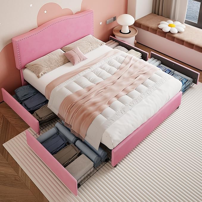 VECELO Queen Bed Frame, Platform Bed Frame with Underbed Storage Drawers and Adjustable Height Upholstered Headboard, Heavy-Duty Frame and Strong Wooden Slats Support, Noise-Free, Easy Assembly, Pink