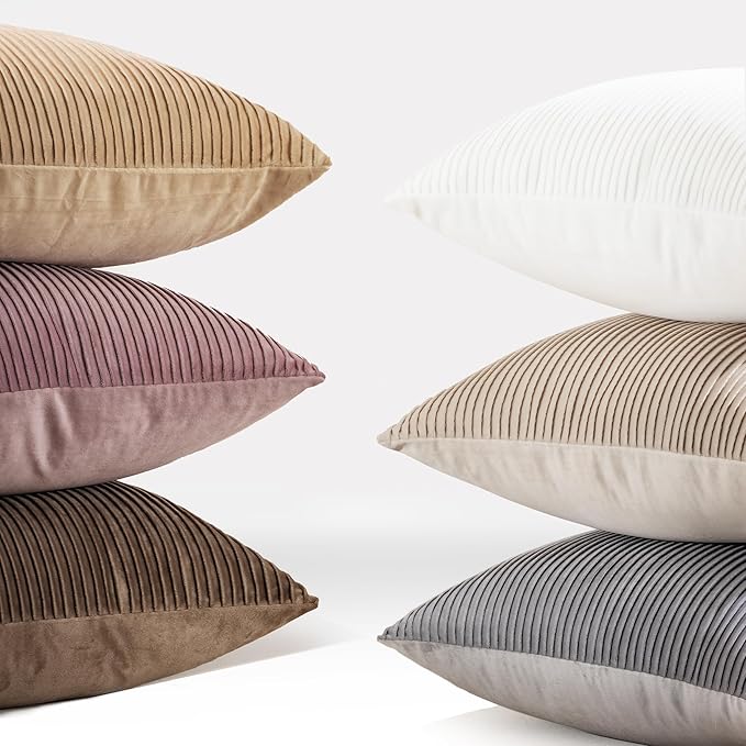 YCOLL Khaki Pillow Covers 20x20 Set of 2 Velvet Striped Pattern - Soft Throw Pillows for Home Decor, Luxury Decorative Pillow Covers for Couch, Bed,Living Room