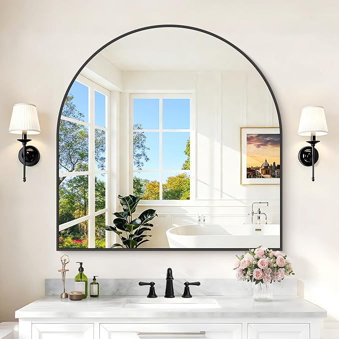 Arched Mirror, 42’’x42’’ Black Arch Mirror for Bathroom, Large Arched Bathroom Mirror with Frame, Modern Wall Mounted Mirror for Over Sink Mantle Bedroom Vanity Living Room Entryway