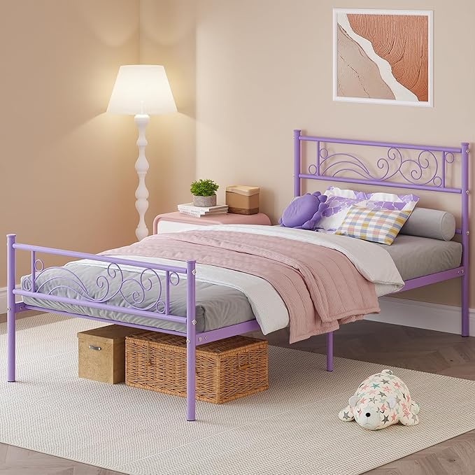 Weehom Twin Bed Frames with Headboard, Metal Platform Bed Heavy Duty Steel Slat Under Bed Storage for Kids Purple