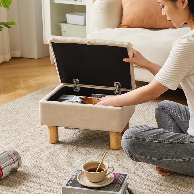 Ottoman with Storage, Small Foot Rest for Couch 16x12x9.5inch, Safety Hinge Flip Top Foot Stool Ottoman Load up to 330lb for Living Room Dorm Beige YD-JD1361