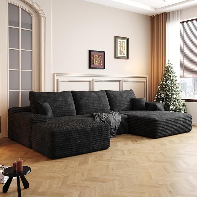 107" U Shaped Corduroy Couch with Ottoman, Compression Boneless Sofa, Deep Seat Cloud Modular Couch, Comfy Sectional Couches for Living Room Bedroom, No Assembly, Right Facing Chaise, Black