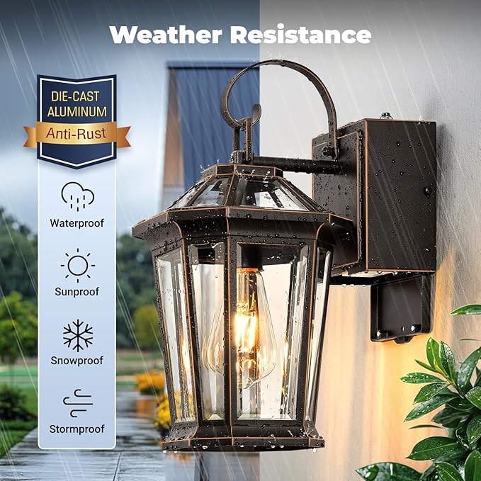 Gleamz Porch Lights Outdoor with GFCI Outlet, ORB Dusk to Dawn Outdoor Lighting with Gold Trim, Exterior Light Fixtures for House, Garden, Patio, E26 Base, 100% Aluminum Waterproof and Anti-Rust