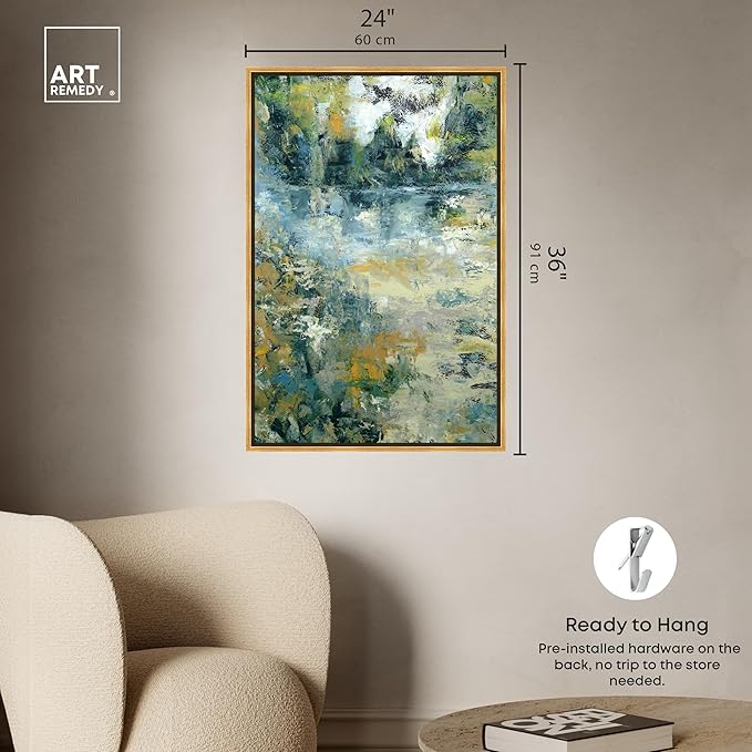 Art Remedy Green Moss Monet Garden Green Abstract Canvas Wall Art, Gold Floater Frame, 24"x36"